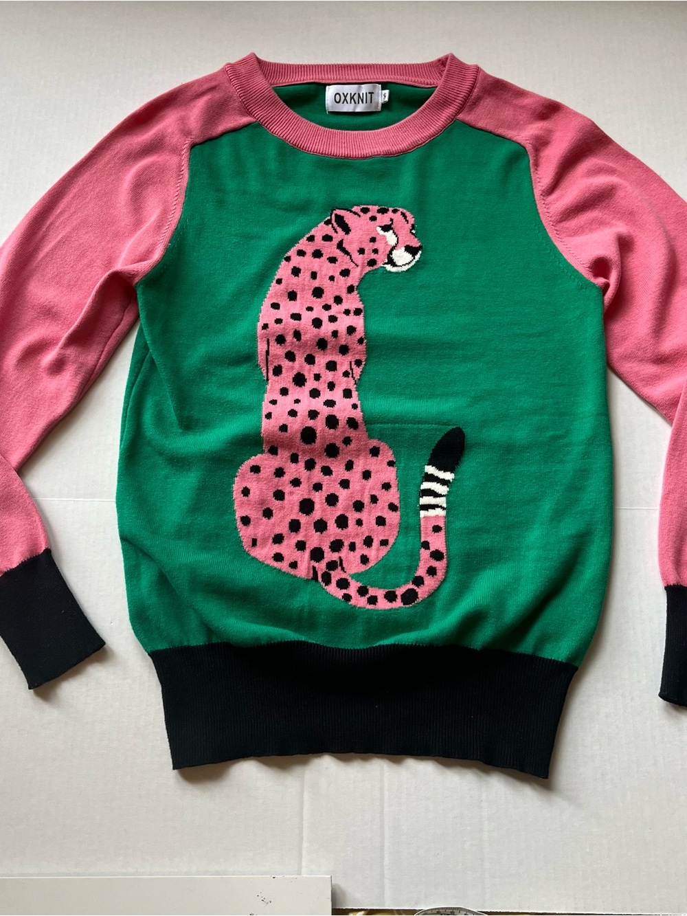 Pink Leopard Knit Sweater Green Colorblock Cotton Cottagecore Maximalist - Picture 5 of 7